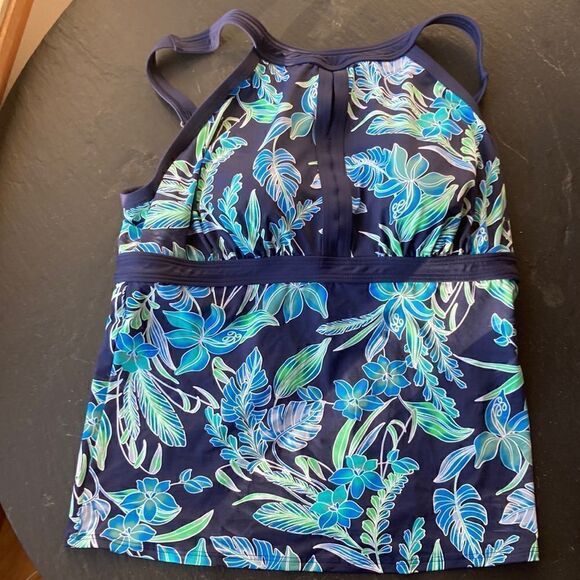 Land’s End Plus Standard high neck keyhole tankini top blue print soft D cup Var - Picture 6 of 14